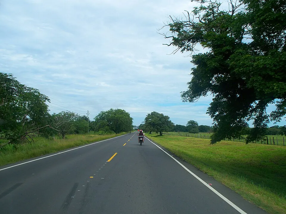 A two-lane paved highway running straight through open green pasture and scattered trees, with a motorcyclist ahead.