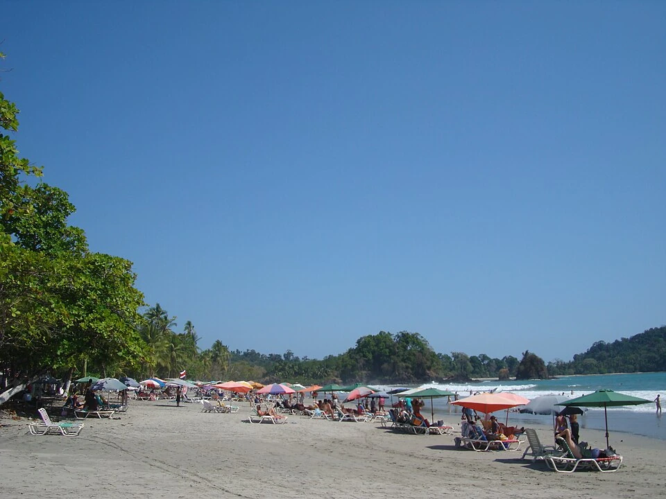 The main beach at Manuel Antonio National Park, with sun loungers and coloured umbrellas along the sand, swimmers in the shallows and a forested headland beyond.