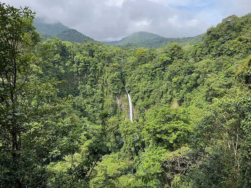 La Fortuna Waterfall dropping through a steep forested gorge, seen from a viewpoint across the valley.