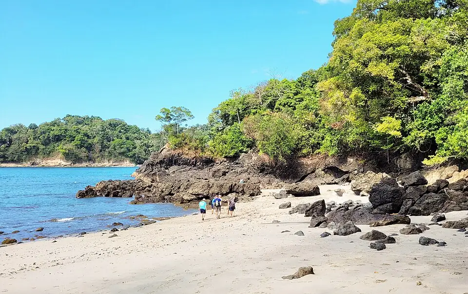 Four people walk along a pale sand beach below a rocky point and dense green forest, with a headland across the bay.