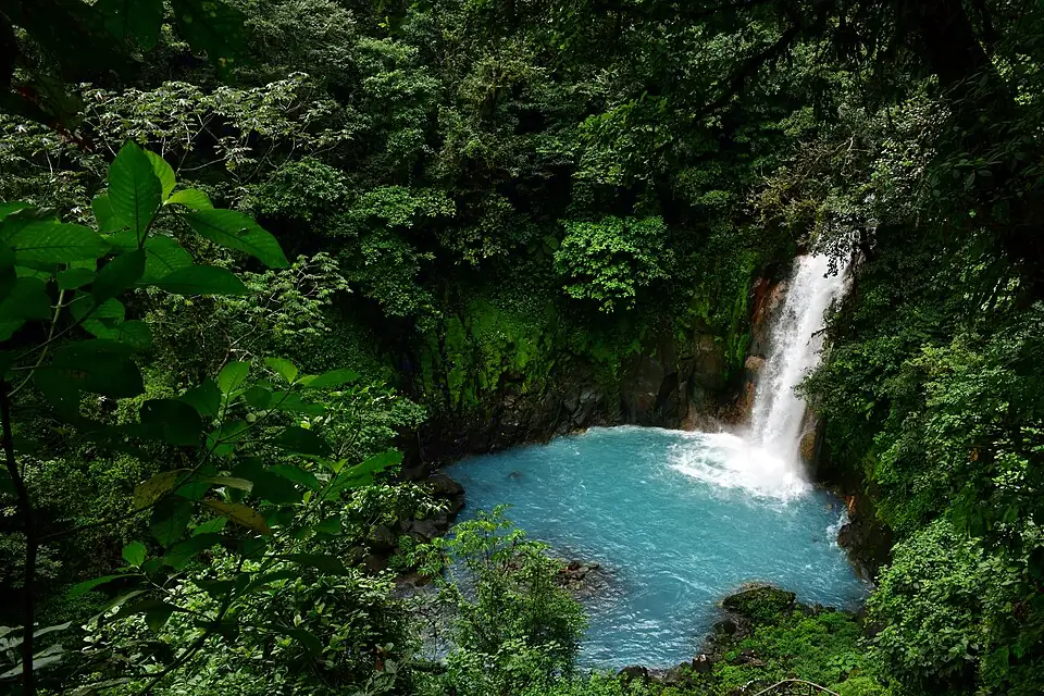 A waterfall falls from a rock face into a bright turquoise plunge pool enclosed by dense green rainforest.