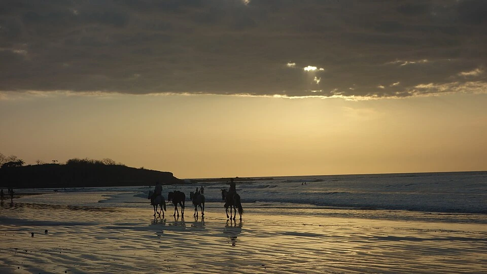Riders on horseback crossing the wet sand at Playa Tamarindo at sunset, with breaking surf and a low wooded headland behind them.